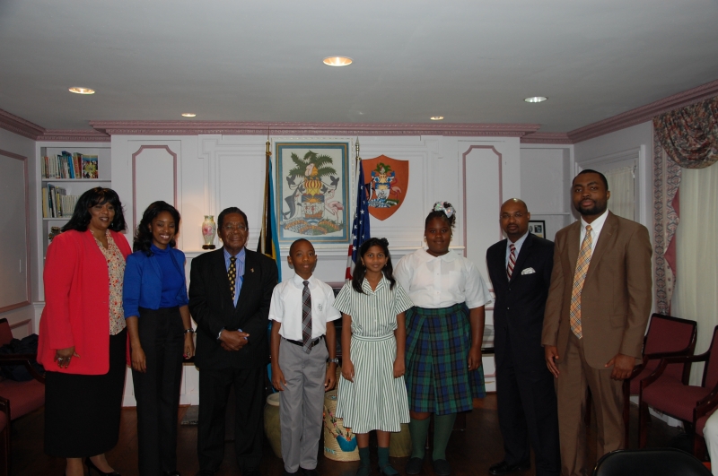 During their courtesy call on His Excellency Dr. Eugene Newry, Bahamas Ambassador to the United States, on Thursday, May 29, 2014, Bahamas National Spelling Bee champion Prachi Kondapuram and the first and second runners-up in the Bahamas National Spelling Bee