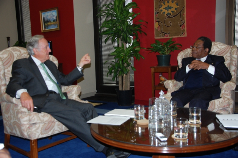 His Excellency Dr. Eugene Newry, Bahamas Ambassador to the United States, and Senator Tom Harkin are seen engrossed in discussion during a courtesy call on the Senator on Tuesday, January 14.
