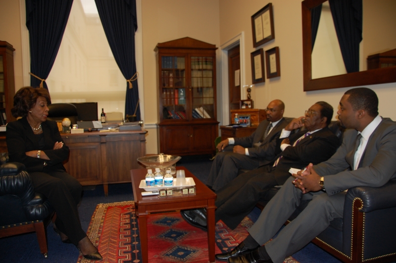 Ambassador Dr. Eugene Newry, Deputy Chief of Mission Chet Neymour and Third Secretary Mikhail Bullard meet with Congresswoman Maxine Waters on September 11, 2014