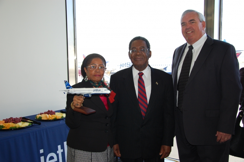 Ambassador Dr. Eugene Newry and wife Mrs. Newry at inaugural Jetblue Flight from Washington Reagan Airport to Nassau